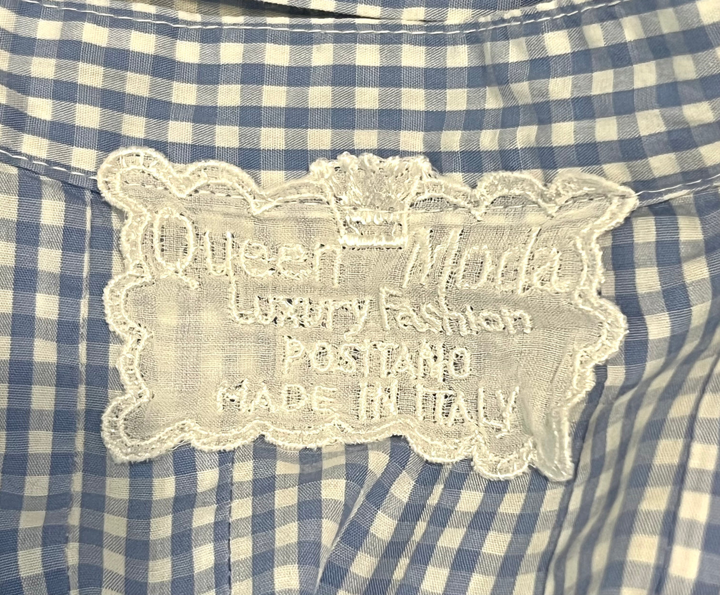 Queen Moda Italian Blue Gingham Ruffle Belted Mini Dress Small