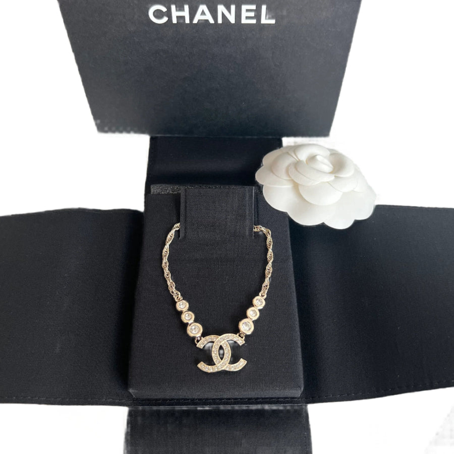 Authentic Chanel CC Logo Strass Crystal Necklace 25S