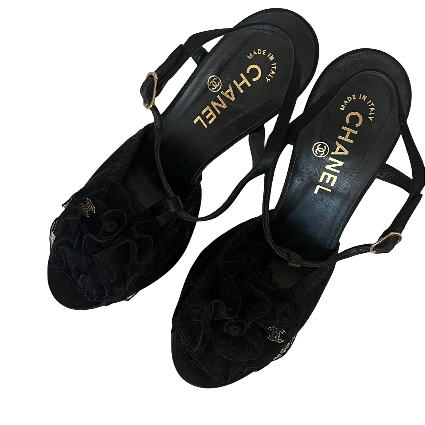 Chanel Black Tulle Rose CC Logo Slingback Pumps 39