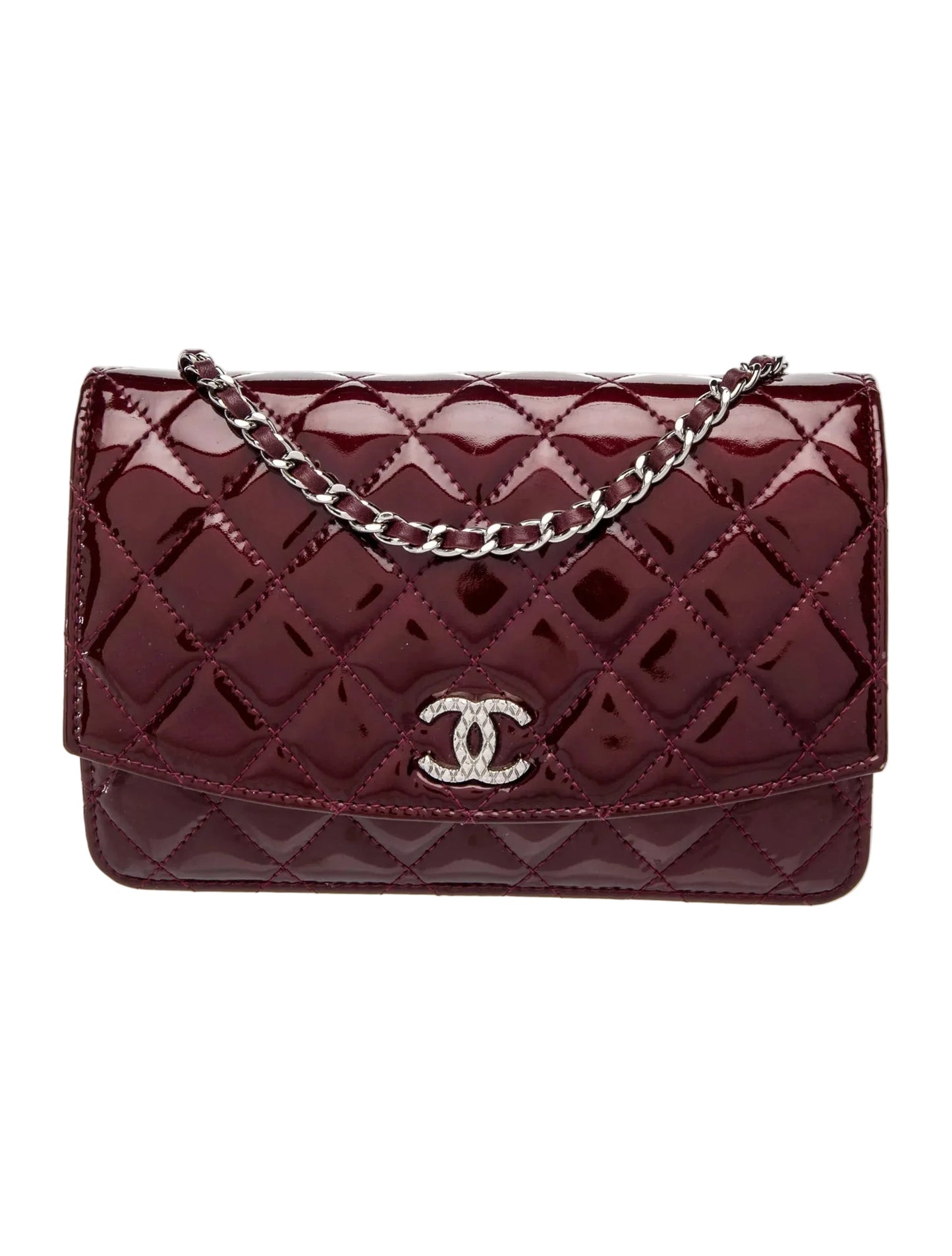 Authentic CHANEL Brilliant Burgundy Patent Leather CC Wallet On Chain