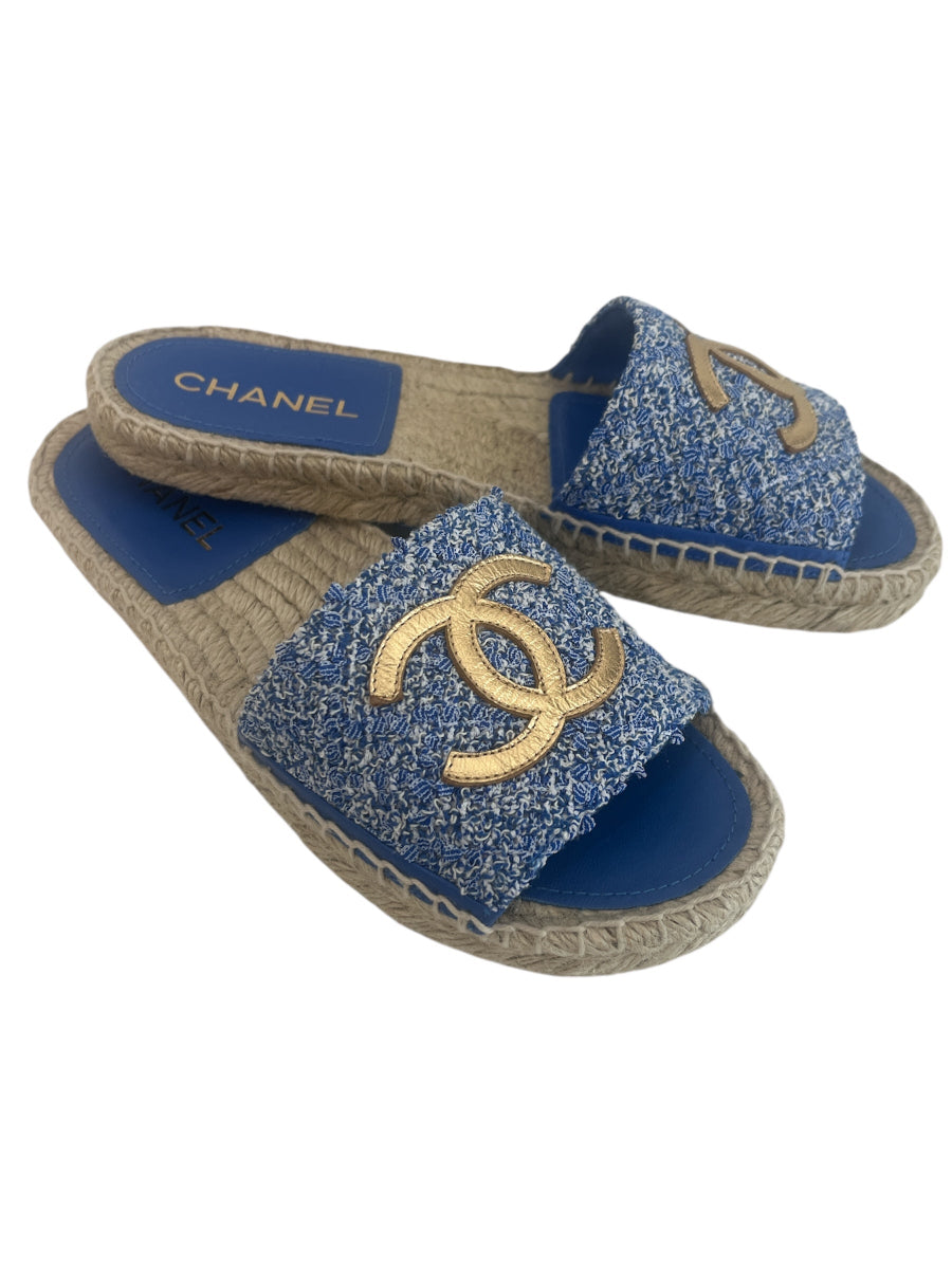 Authentic Chanel CC Logo Blue and Gold Tweed Espadrille Slide Sandals 24P