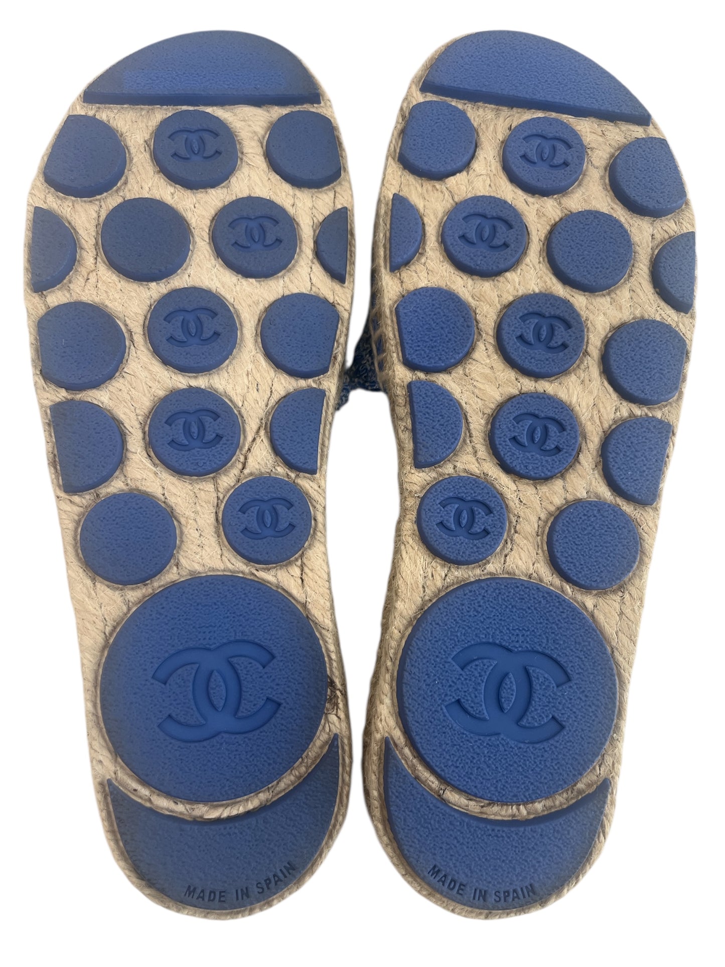 Authentic Chanel CC Logo Blue and Gold Tweed Espadrille Slide Sandals 24P