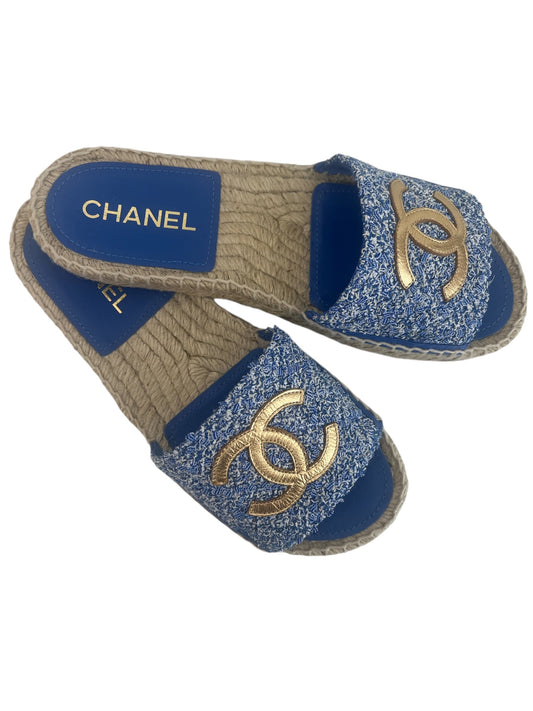 Authentic Chanel CC Logo Blue and Gold Tweed Espadrille Slide Sandals 24P