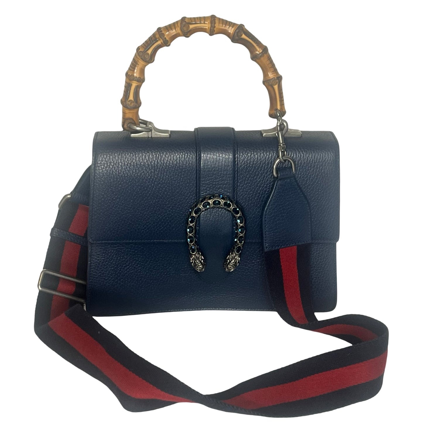 Gucci Calfskin Medium Web Dionysus Bamboo Top Handle Blue Montana Sapphire Crystal Handbag