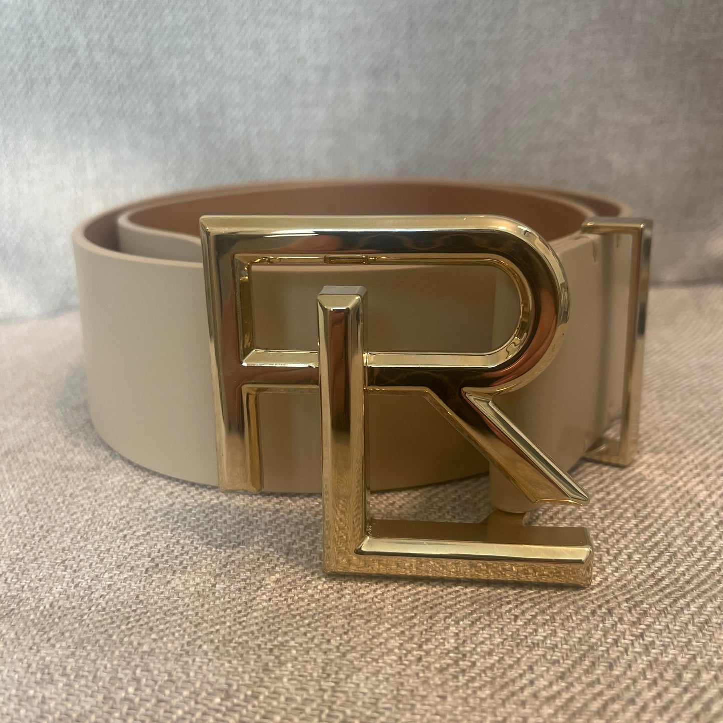 Ralph Lauren Fawn Light Beige Wide Leather Logo Belt NWT Small
