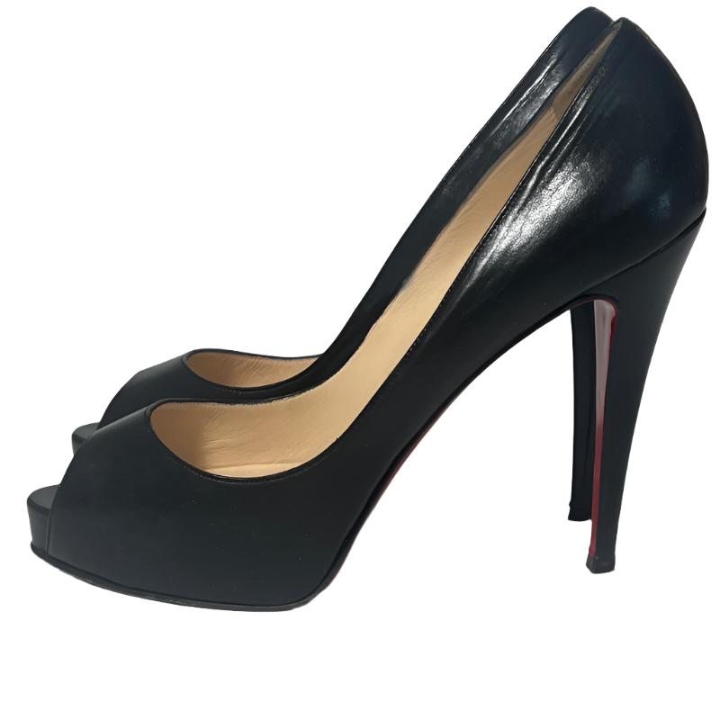 Christian Louboutin Black Leather Peep Toe Red Sole High Heel Shoes 40