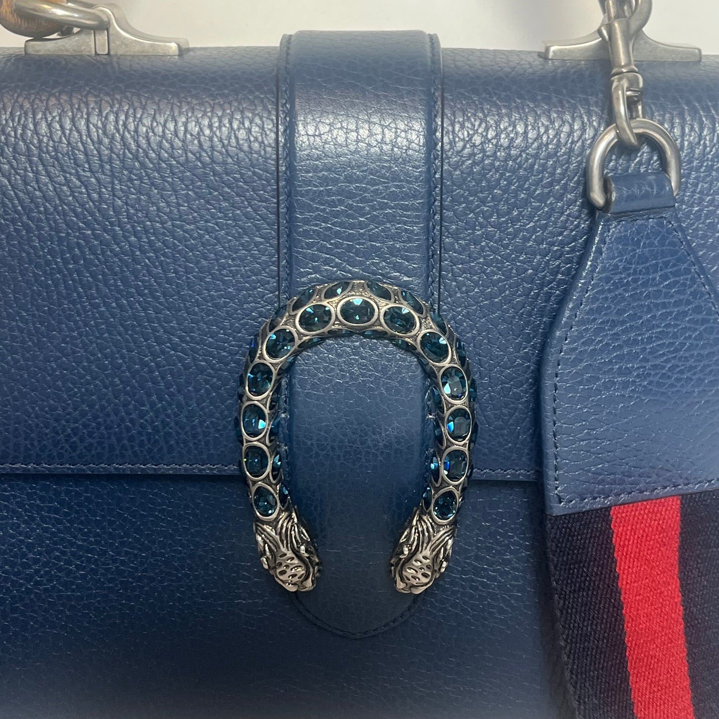 Gucci Calfskin Medium Web Dionysus Bamboo Top Handle Blue Montana Sapphire Crystal Handbag