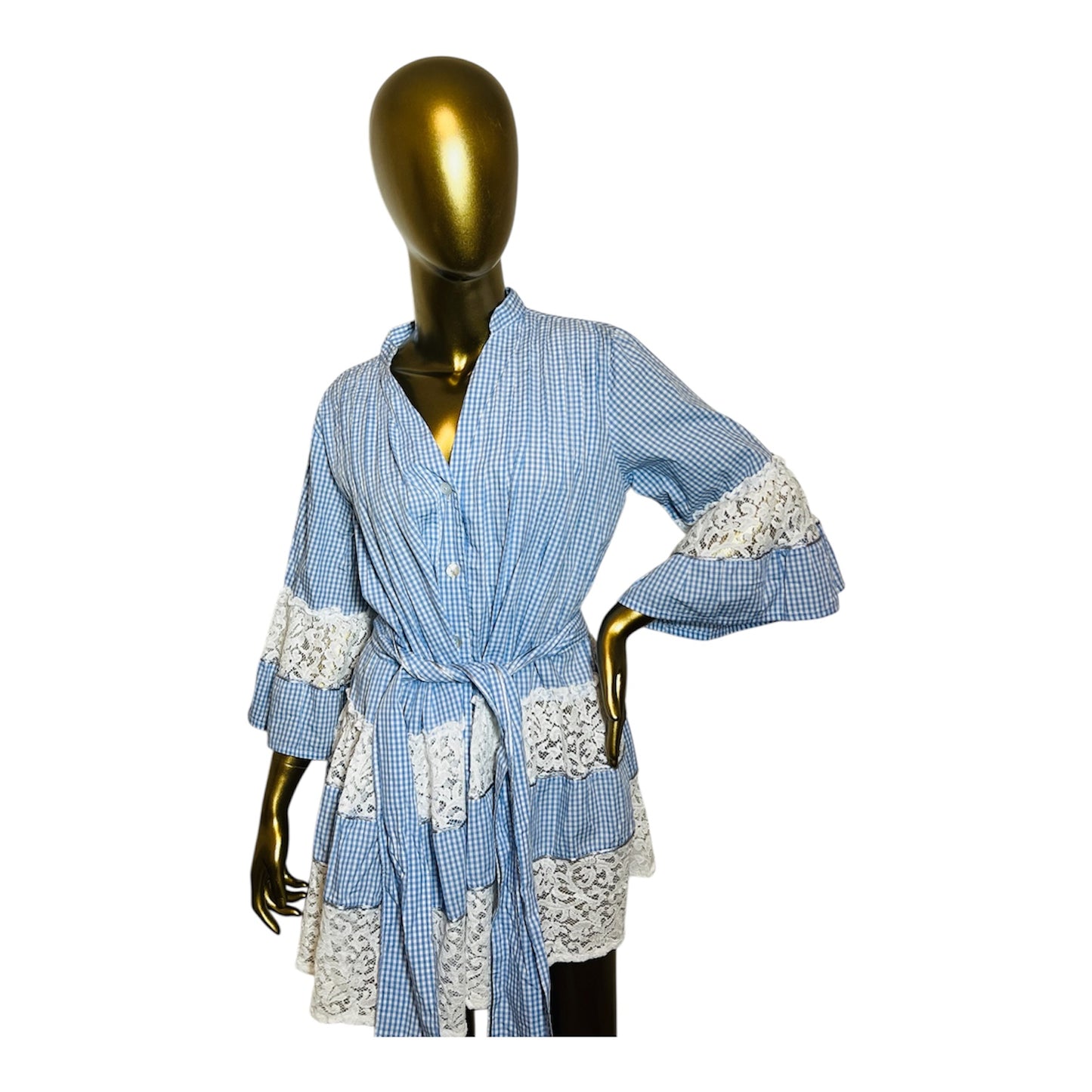Queen Moda Italian Blue Gingham Ruffle Belted Mini Dress Small