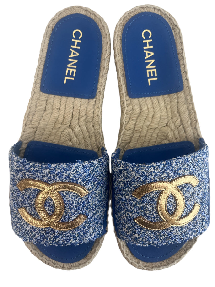 Authentic Chanel CC Logo Blue and Gold Tweed Espadrille Slide Sandals 24P