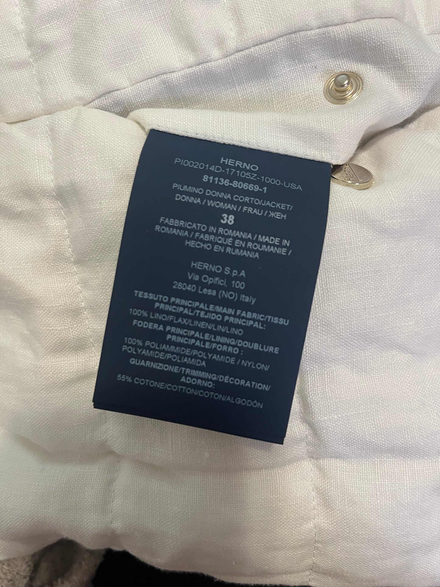 Herno White Linen Down Jacket 38