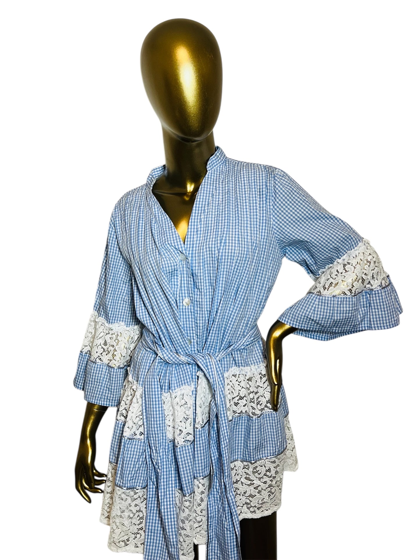 Queen Moda Italian Blue Gingham Ruffle Belted Mini Dress Small
