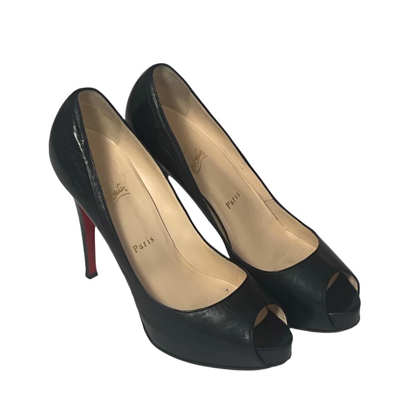 Christian Louboutin Black Leather Peep Toe Red Sole High Heel Shoes 40