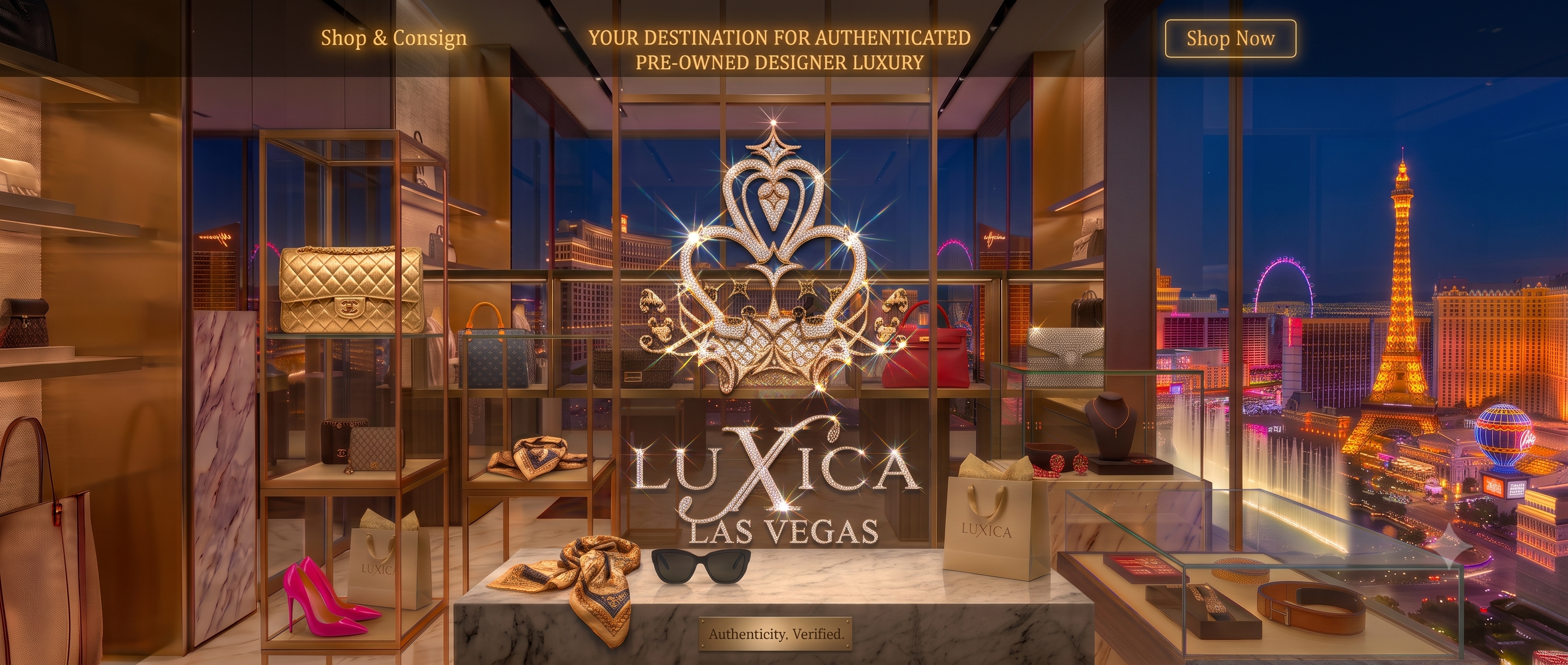 Luxica Las Vegas storefront display with designer shoes, handbags, and jewelry on shelves and tables, featuring a large heart-shaped logo and a city skyline view outside at night.