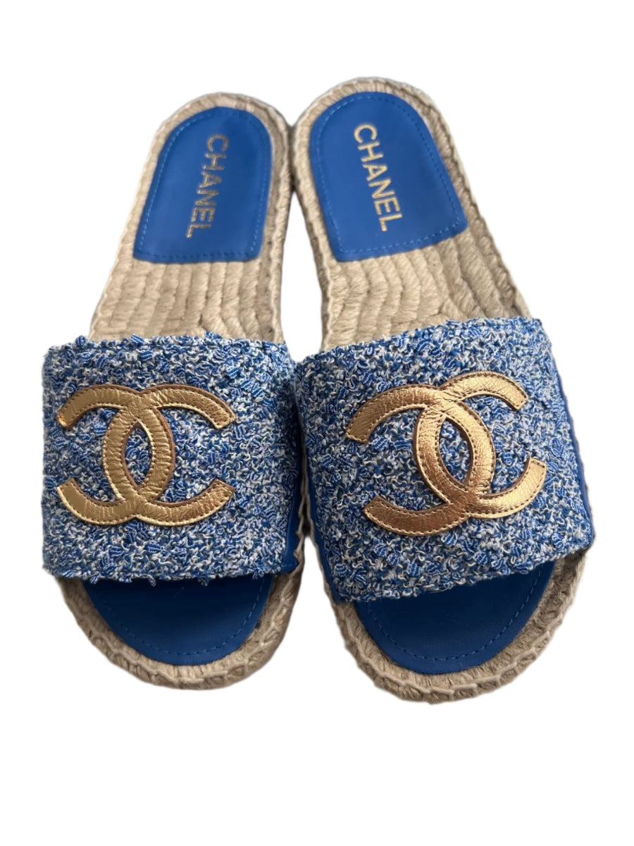 Authentic Chanel CC Logo Blue and Gold Tweed Espadrille Slide Sandals 24P 