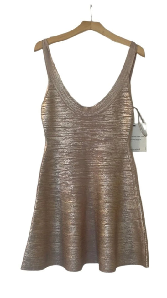 Herve Leger Gold Metallic Scoop Neck Mini Dress Medium