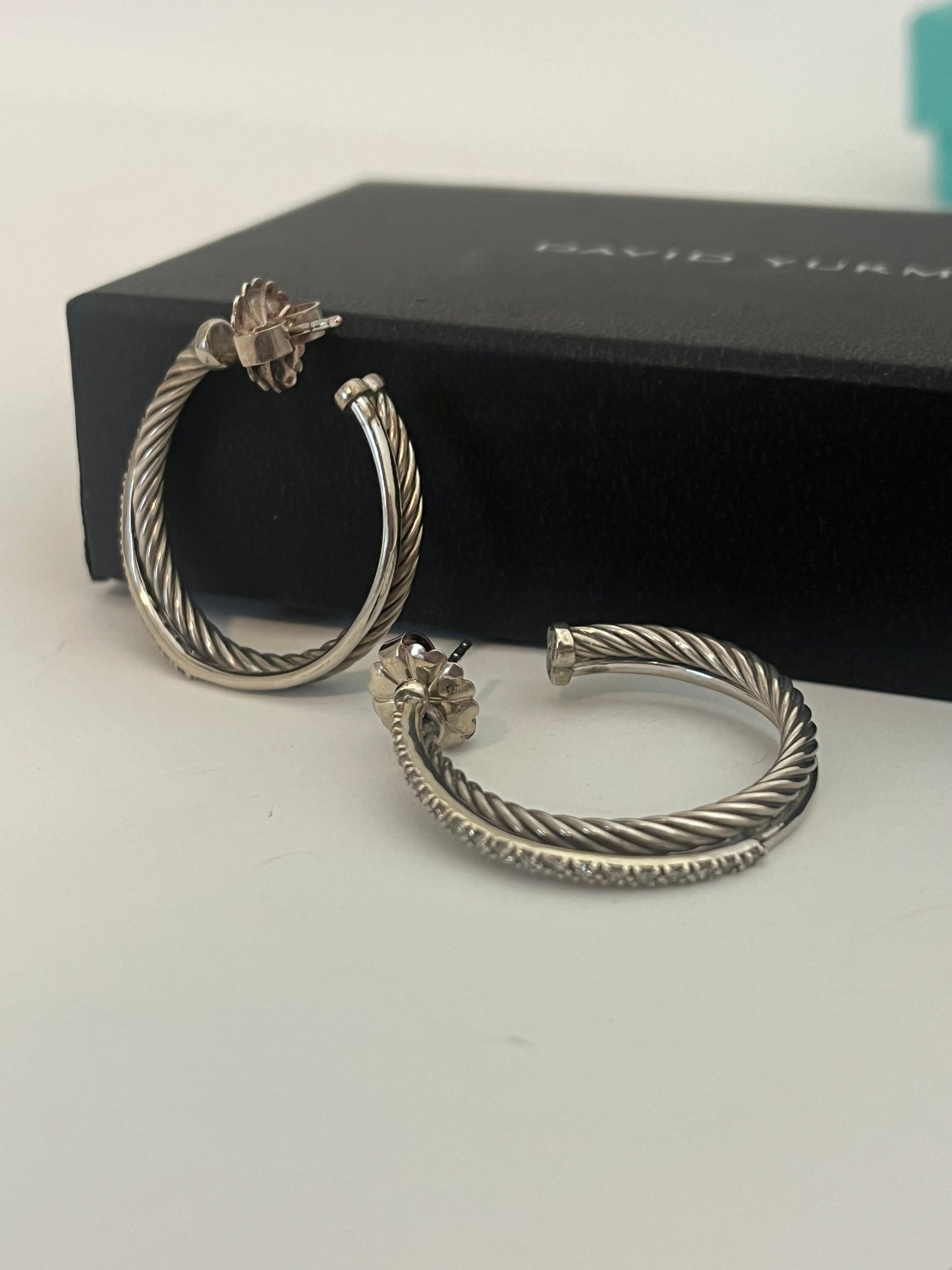 David Yurman Diamond & Silver Crossover Hoop Earrings