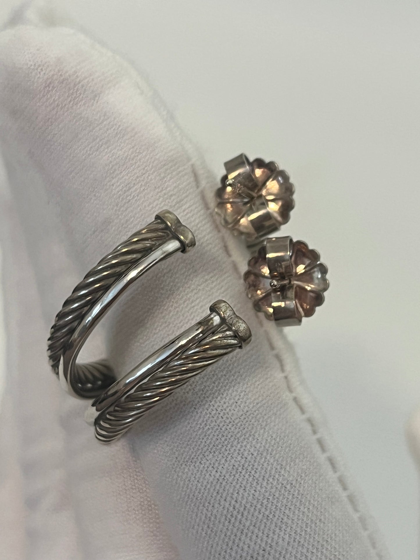 David Yurman Diamond & Silver Crossover Hoop Earrings