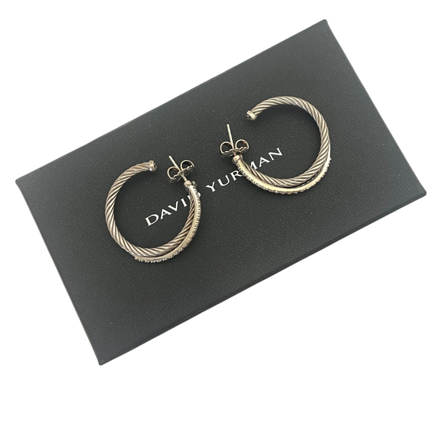 David Yurman Diamond & Silver Crossover Hoop Earrings