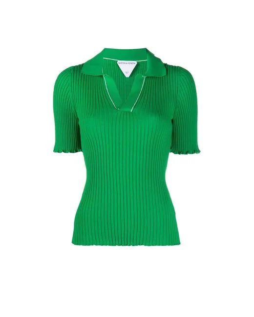 Bottega Veneta Ruffled Ribbed Green Cotton Polo Top