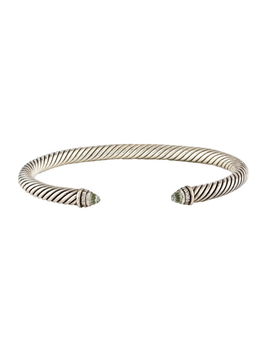 David Yurman Silver 5MM Cable Prasiolite & Diamond Cuff Bangle