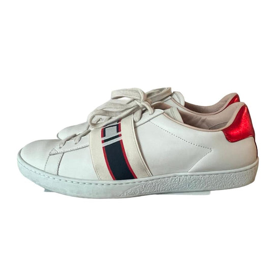 Gucci White and Metallic Red Accent Sneaker Shoes Size 38 1/2