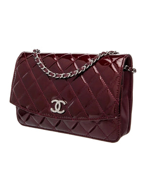 Authentic CHANEL Brilliant Burgundy Patent Leather CC Wallet On Chain