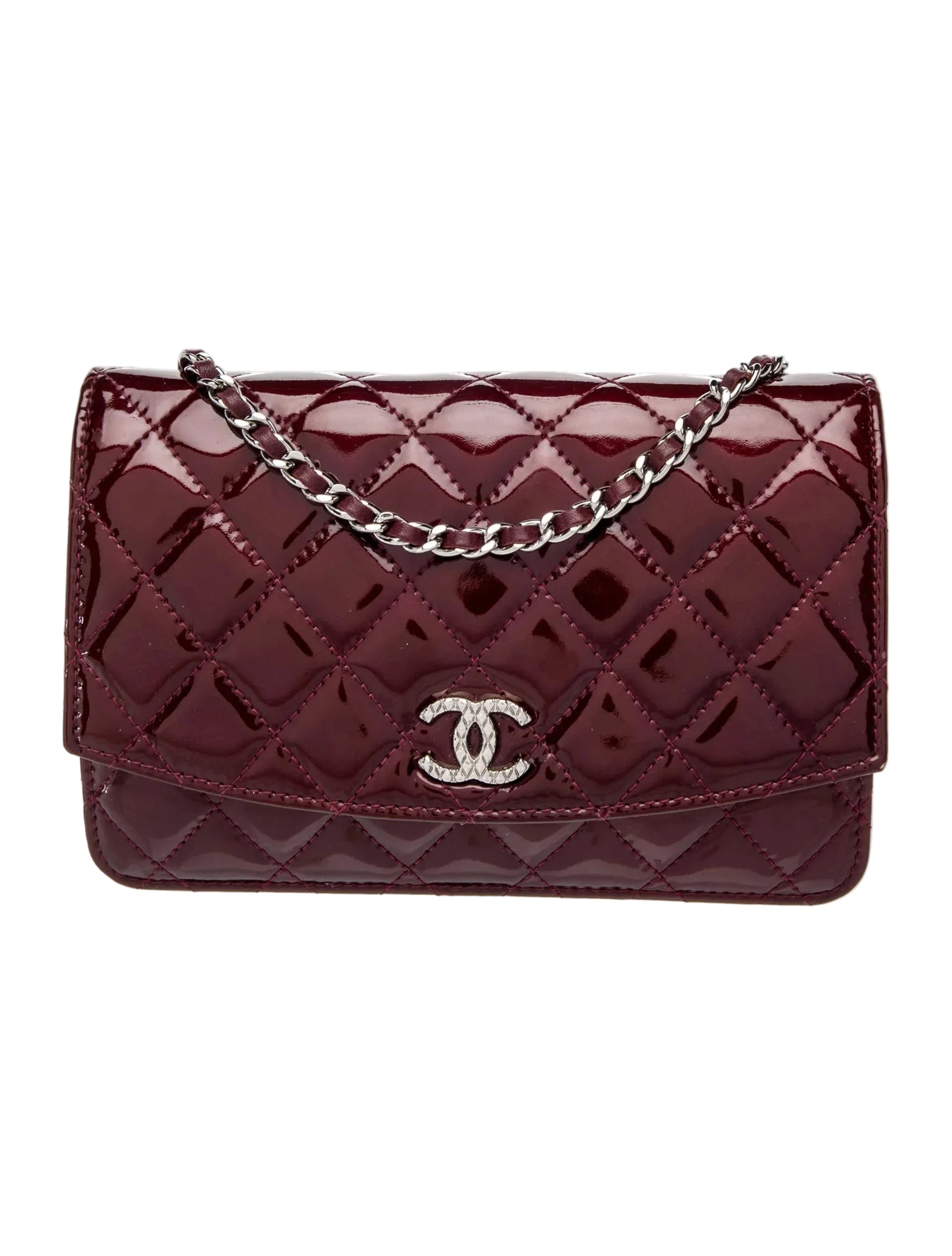 Authentic CHANEL Brilliant Burgundy Patent Leather CC Wallet On Chain 